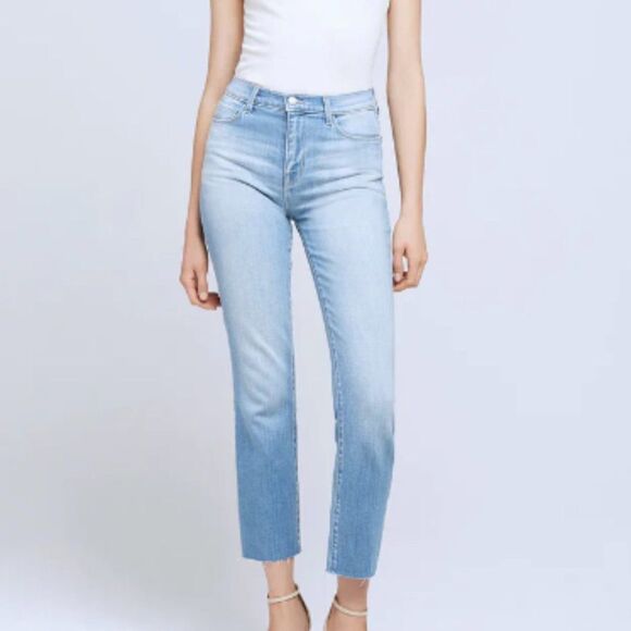 L'AGENCE Womens 31 Solid Blue Sada High Rise Cropped Slim Denim Ashford Jeans - Picture 1 of 10